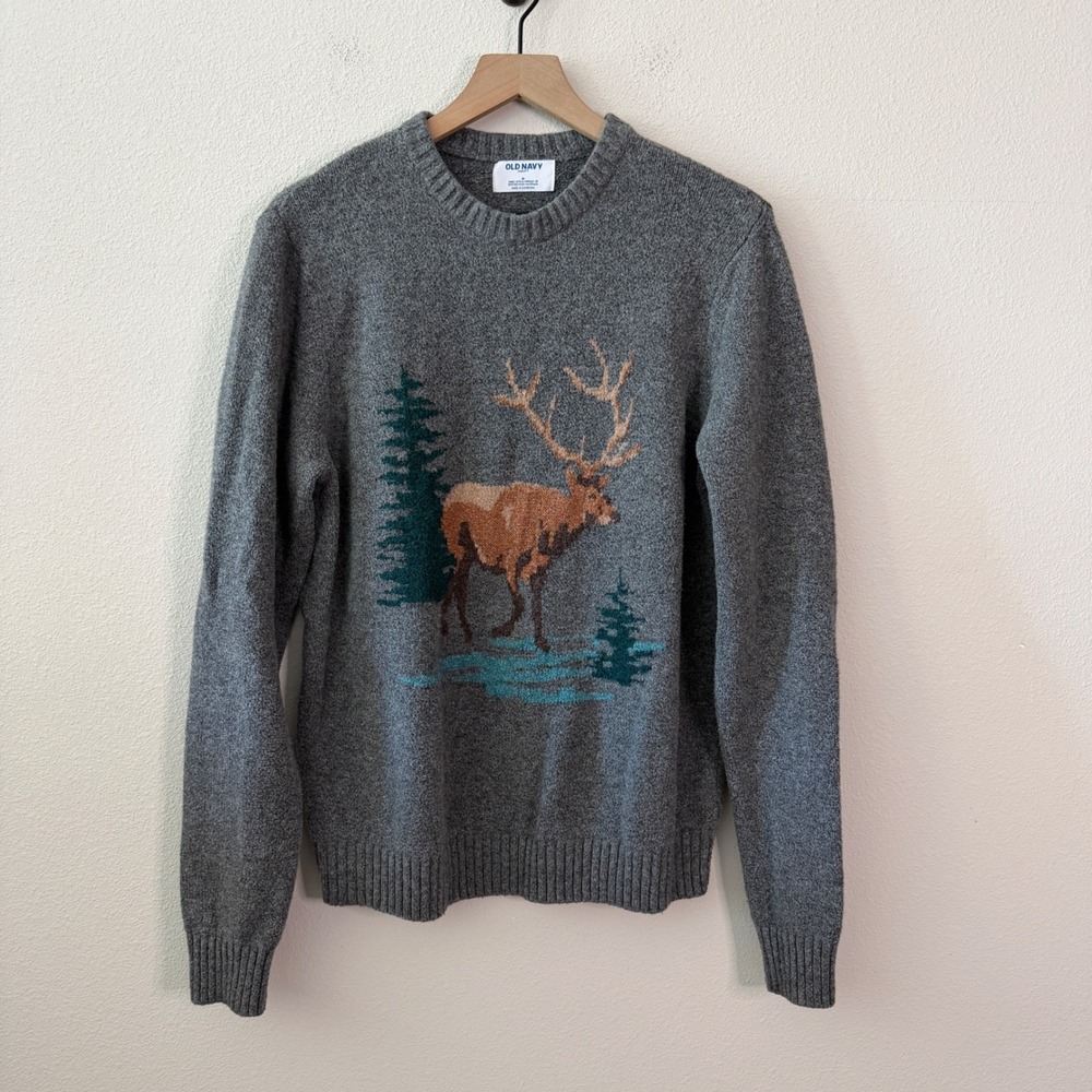 OLD NAVY Mens Cotton Blend Elk Graphic Sweater Size Medium Gorpcore Cabin Rustic